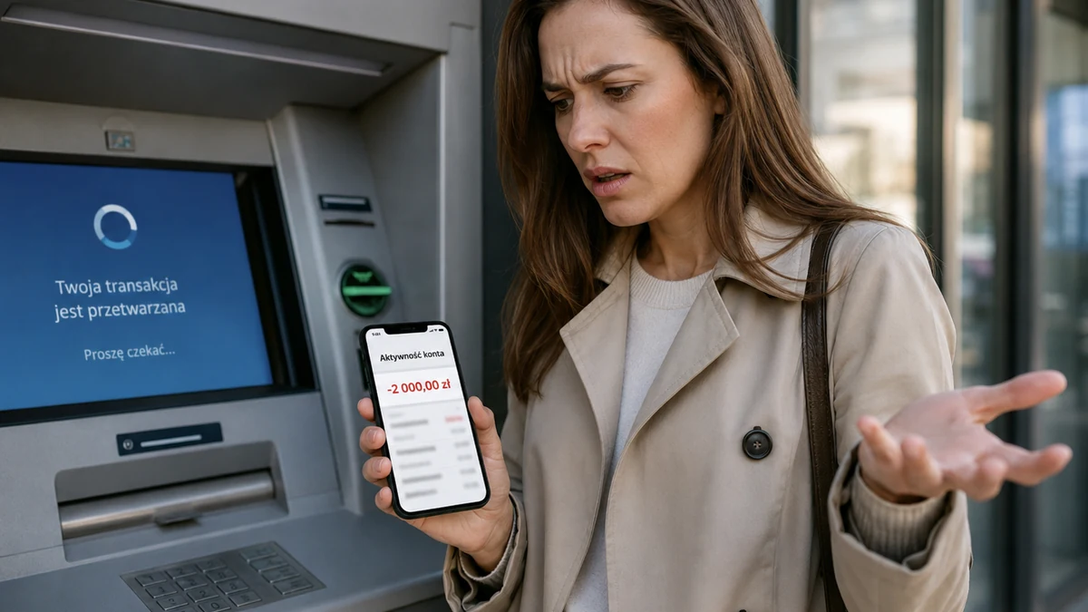 Kobieta przy bankomacie sprawdza telefon po nieudanej wypłacie i obciążeniu konta.