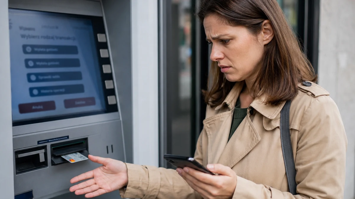 Zaniepokojona kobieta przy bankomacie, który zatrzymał kartę płatniczą.