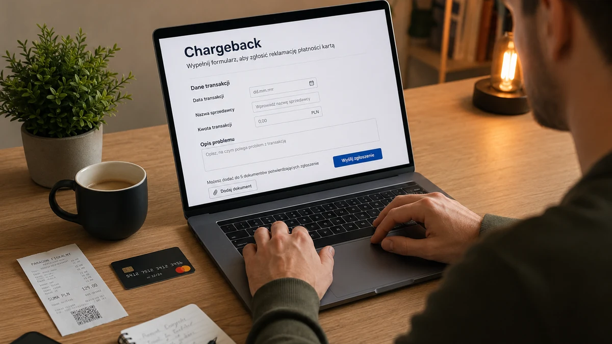 Mężczyzna zgłasza chargeback na laptopie po problemie z płatnością kartą.