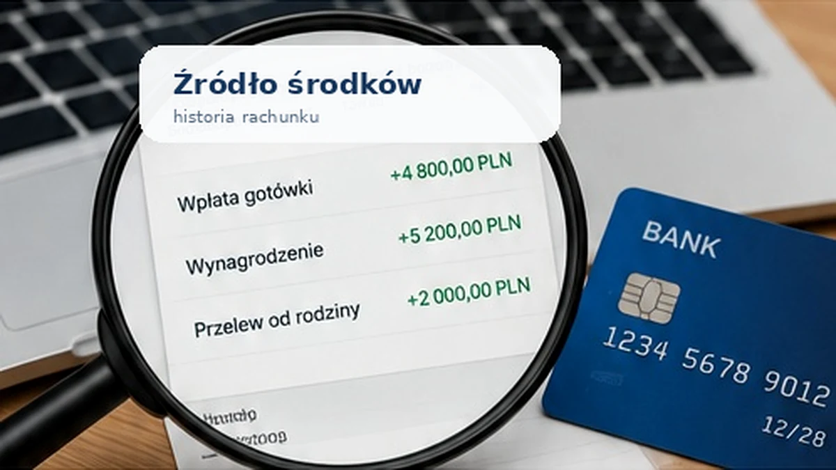 Lupa nad historią rachunku z wpłatą gotówki, wynagrodzeniem i przelewem od rodziny obok karty bankowej