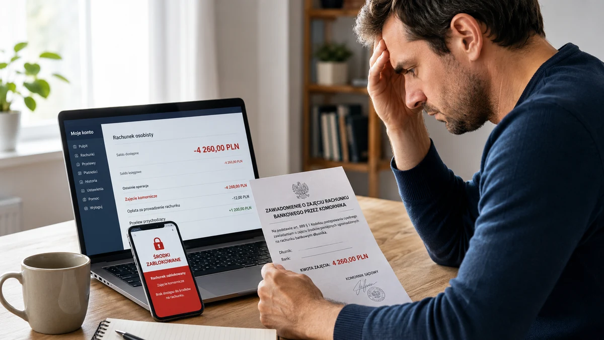 Ekran bankowości z komunikatem o zajęciu rachunku, kwotą wolną 3 604,50 zł oraz młotkiem komorniczym