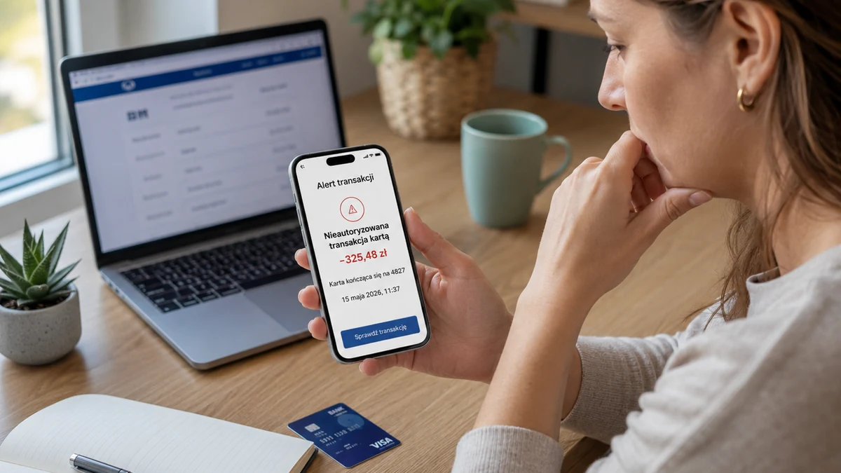 Kobieta sprawdza w telefonie alert o nieautoryzowanej transakcji kartą.
