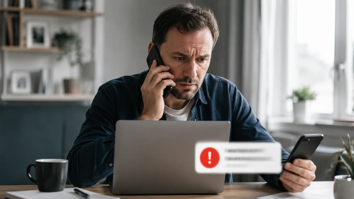 Haker w cieniu z kartą płatniczą, symbolizujący phishing i podszywanie się pod bank.