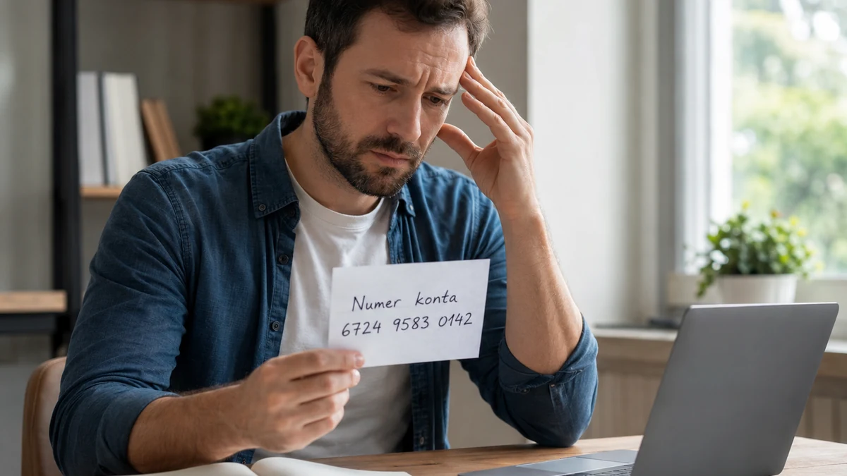 Mężczyzna trzyma kartkę z numerem konta i sprawdza błędny przelew przy laptopie.