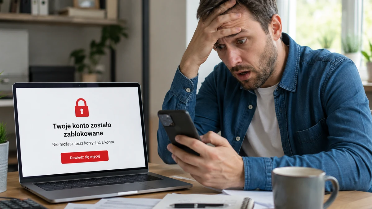 Mężczyzna patrzy na komunikat o zablokowanym koncie bankowym na laptopie.