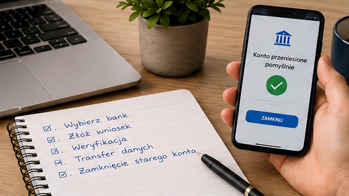 Smartfon z potwierdzeniem przeniesienia konta, laptop i lista kroków zmiany banku
