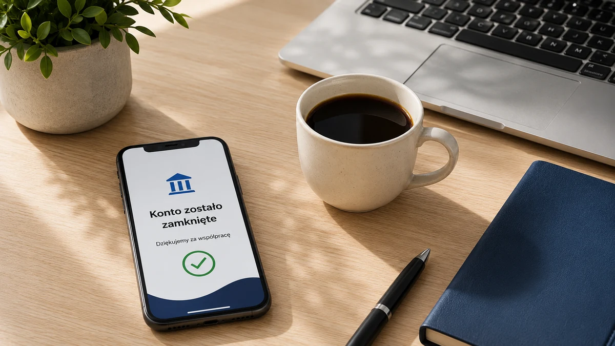 Dokument wypowiedzenia konta, telefon z potwierdzeniem i karta bankowa na biurku