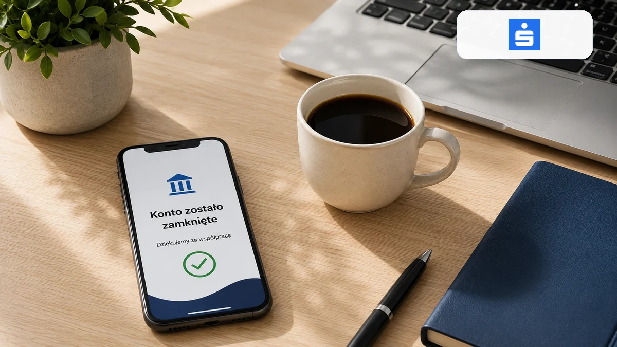 Dokument zamknięcia konta i logo Erste Bank Polska na biurku