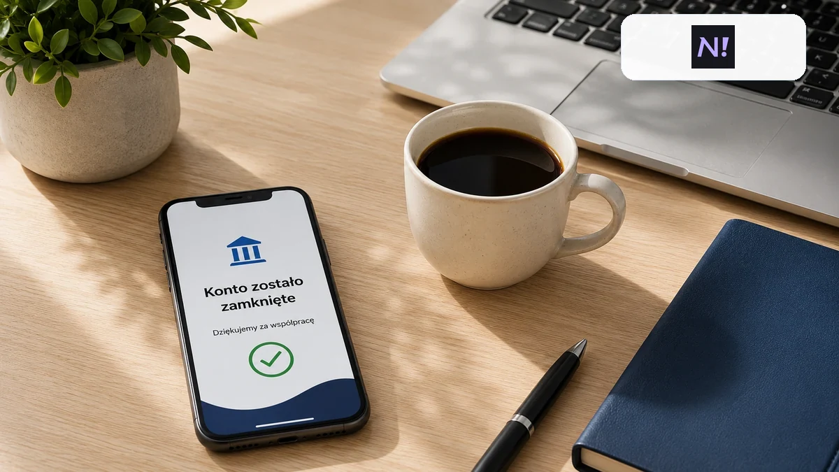 Dokument zamknięcia konta i logo Nest Bank na biurku