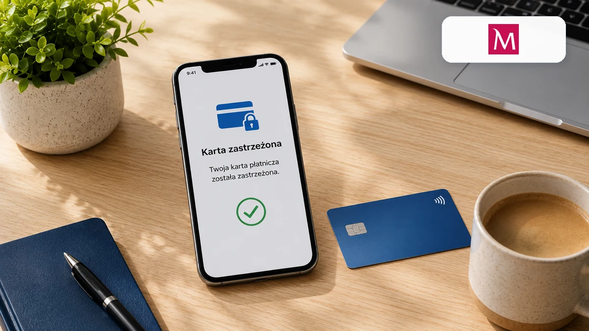 Telefon z potwierdzeniem zabezpieczenia karty i logo Bank Millennium na biurku