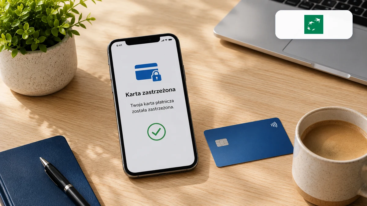 Telefon z potwierdzeniem zabezpieczenia karty i logo BNP Paribas na biurku