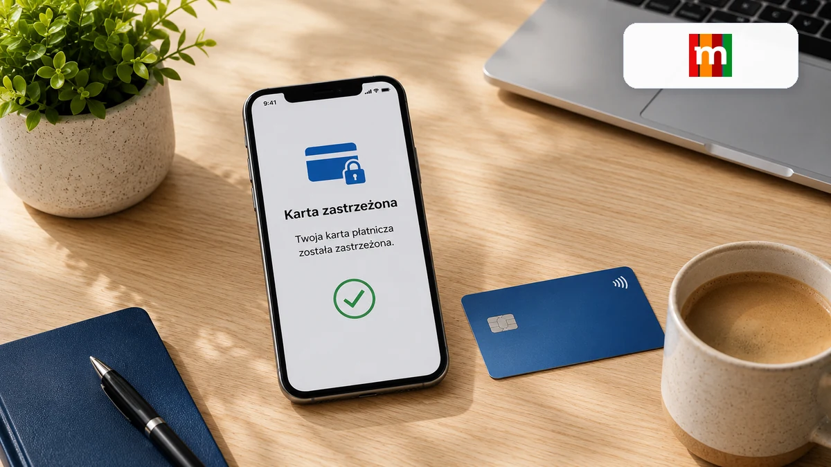 Telefon z potwierdzeniem zabezpieczenia karty i logo mBank na biurku