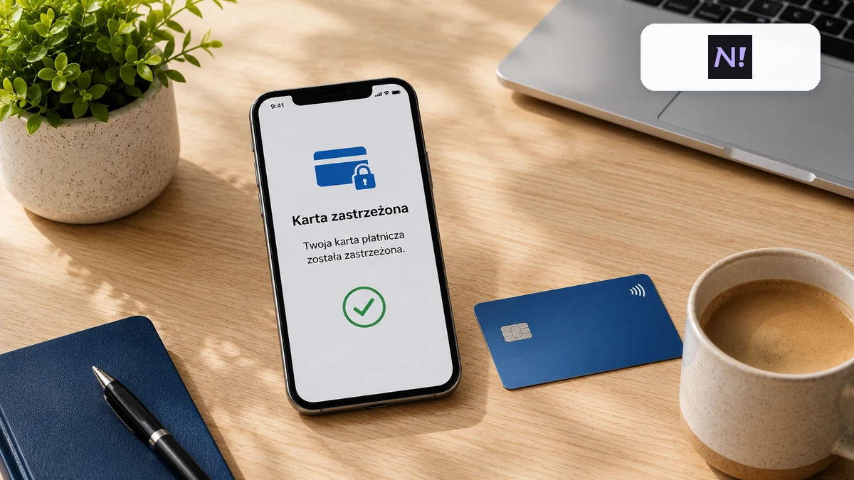 Telefon z potwierdzeniem zabezpieczenia karty i logo Nest Bank na biurku